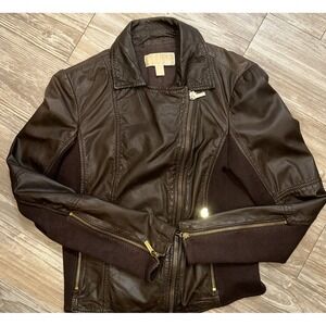 Michael Kors‎ 100% Lamb Leather Coat Womens Size 8 Brown Gold Zipper